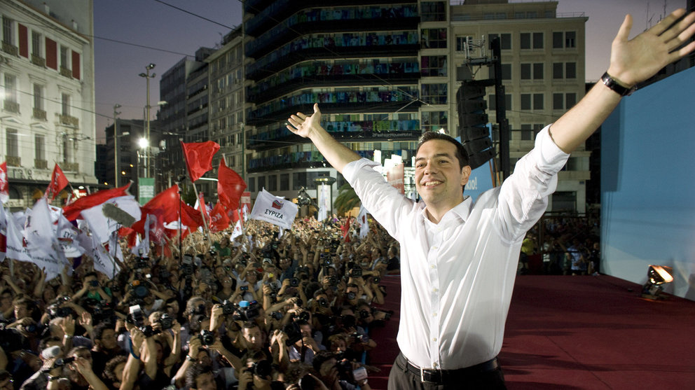 Syriza Party leader Alexis Tsipras greets supporters at a party rally in Athens. The leftist party came second in the elections last month and could win a revote on Sunday.