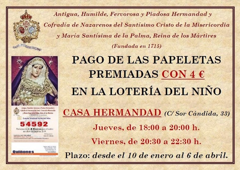 Cartel pago de papeletas premiadas Lotería del Niño 2019